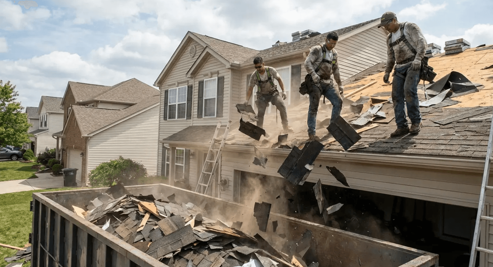 Workers removing shingles from a house roof as debris falls into a dumpster below