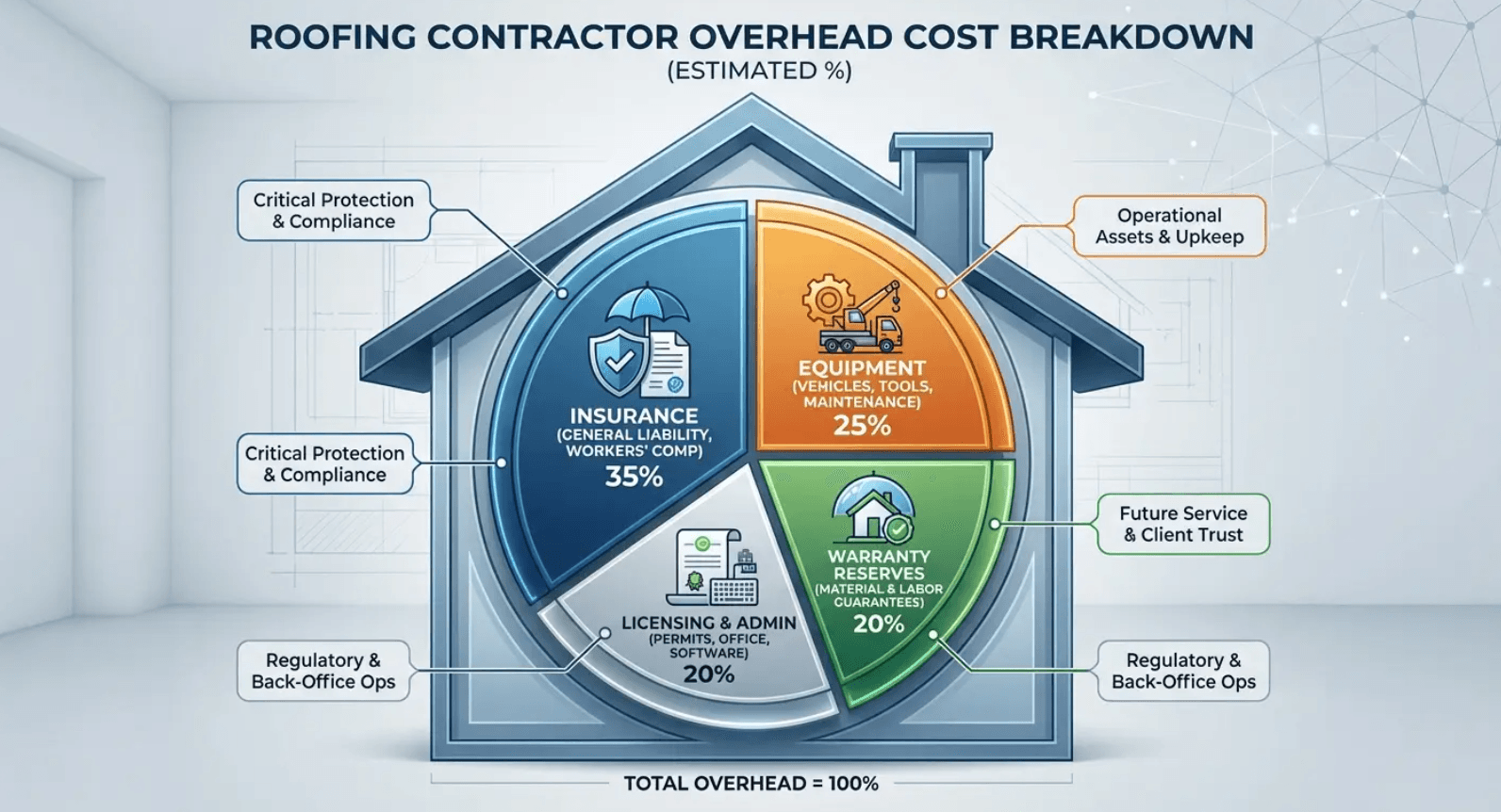 Pie chart breaking down roofing contractor overhead including insurance and equipment