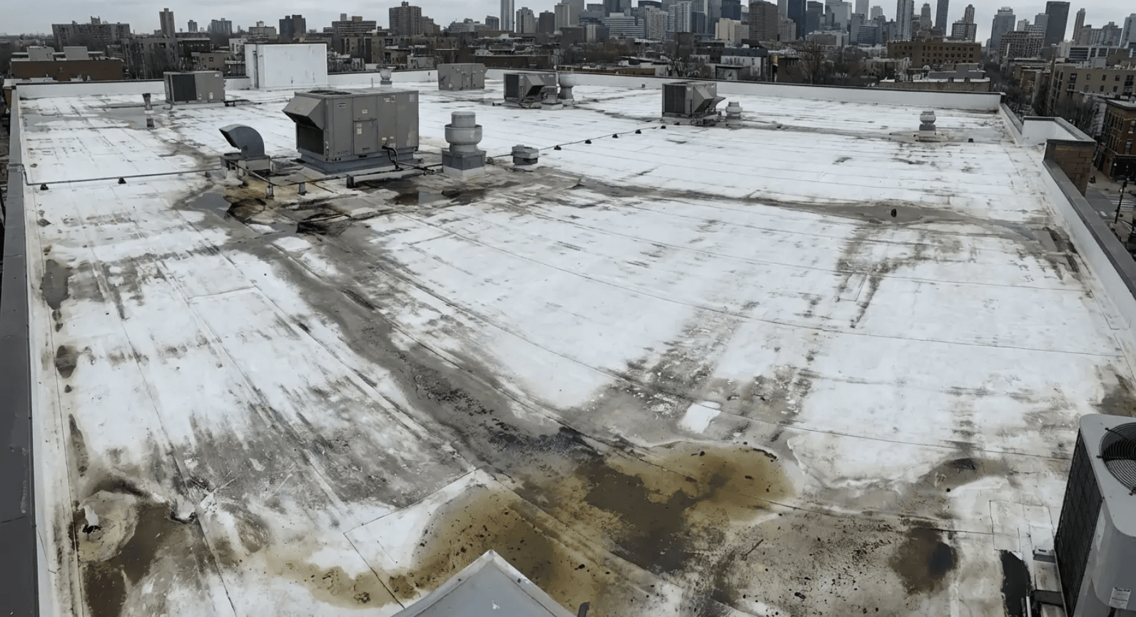 Snow-covered rooftop with vents, muddy patches, and a city skyline in the background