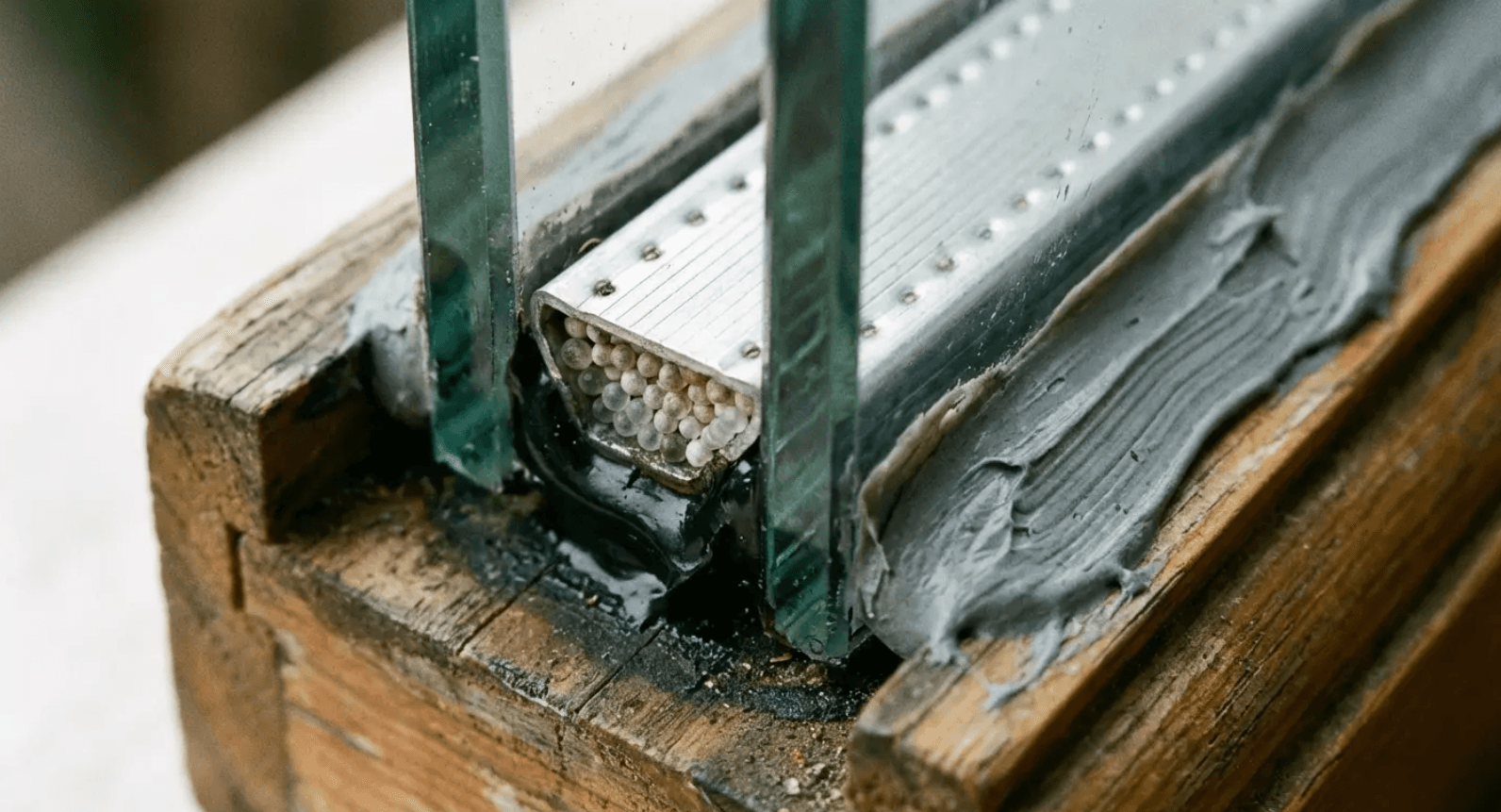 Close-up of a damaged window frame with cracked putty and two green glass panes inserted in the wood.