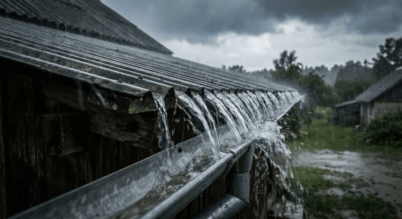 Rainwater streaming off a dark roof into a flooded yard during a storm