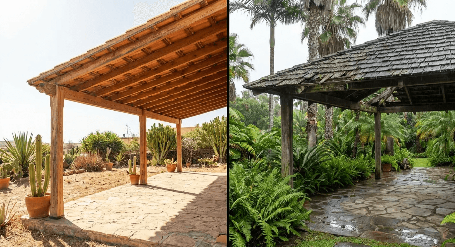 Wood patio roof thriving in a dry climate next to a weathered one in a humid environment, showing why patio roof ideas must match local conditions