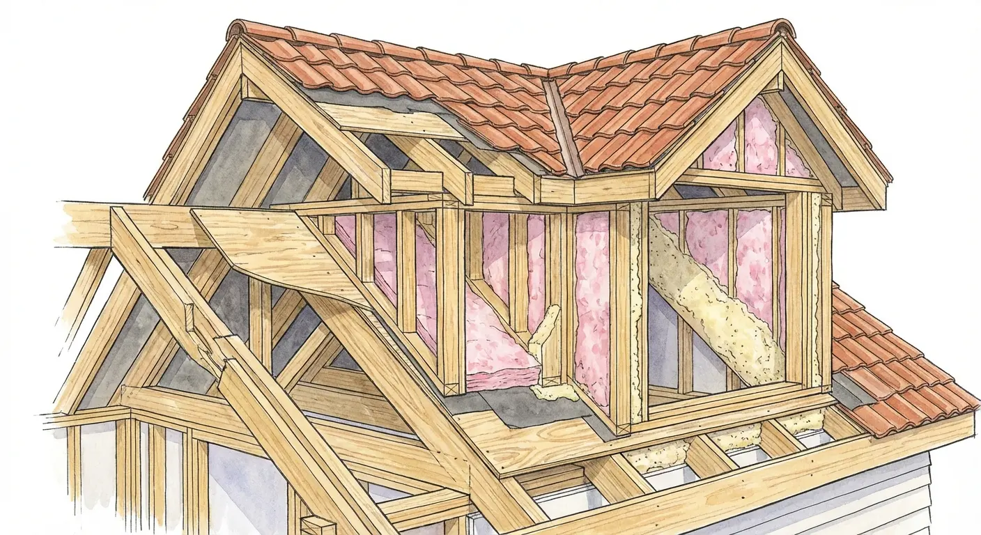 Roof framing diagram of a house with exposed wooden trusses and red shingles on a pink-walled upper floor