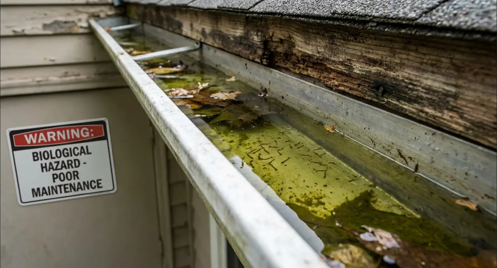 Gutter filled with stagnant water, leaves, and a
