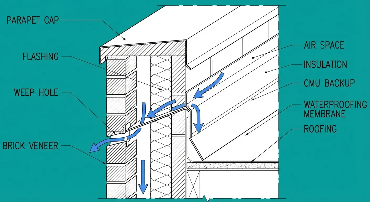 Through-wall flashing drainage plane detail