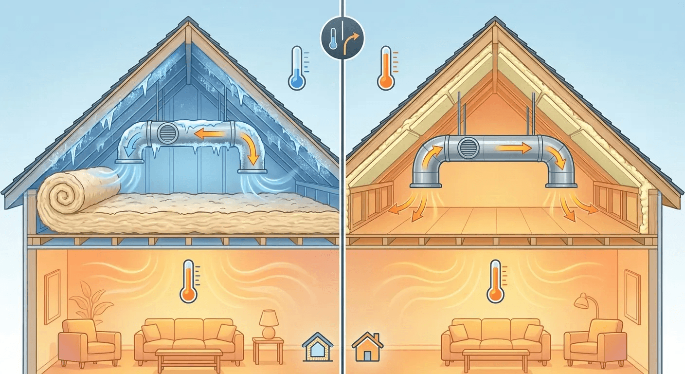 Split-view house insulation diagram showing winter heat escaping in blue and heat retained in orange.