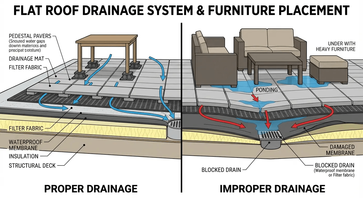 Rooftop drainage system with water flow