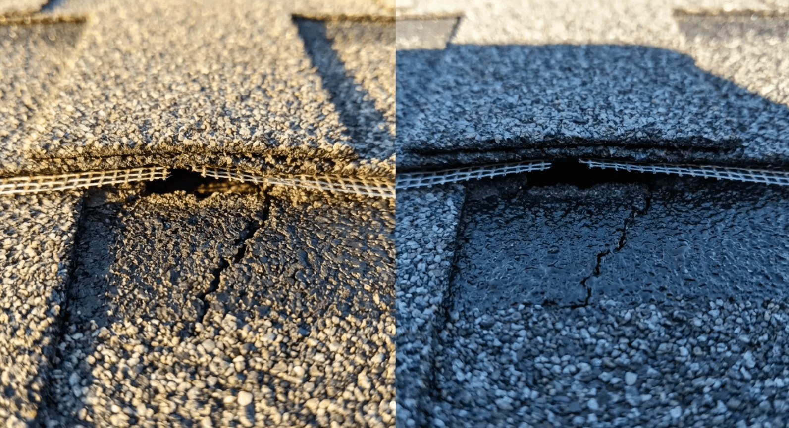 Close-up of a gravelly roof surface with a dark vertical seam and blue shadow across it