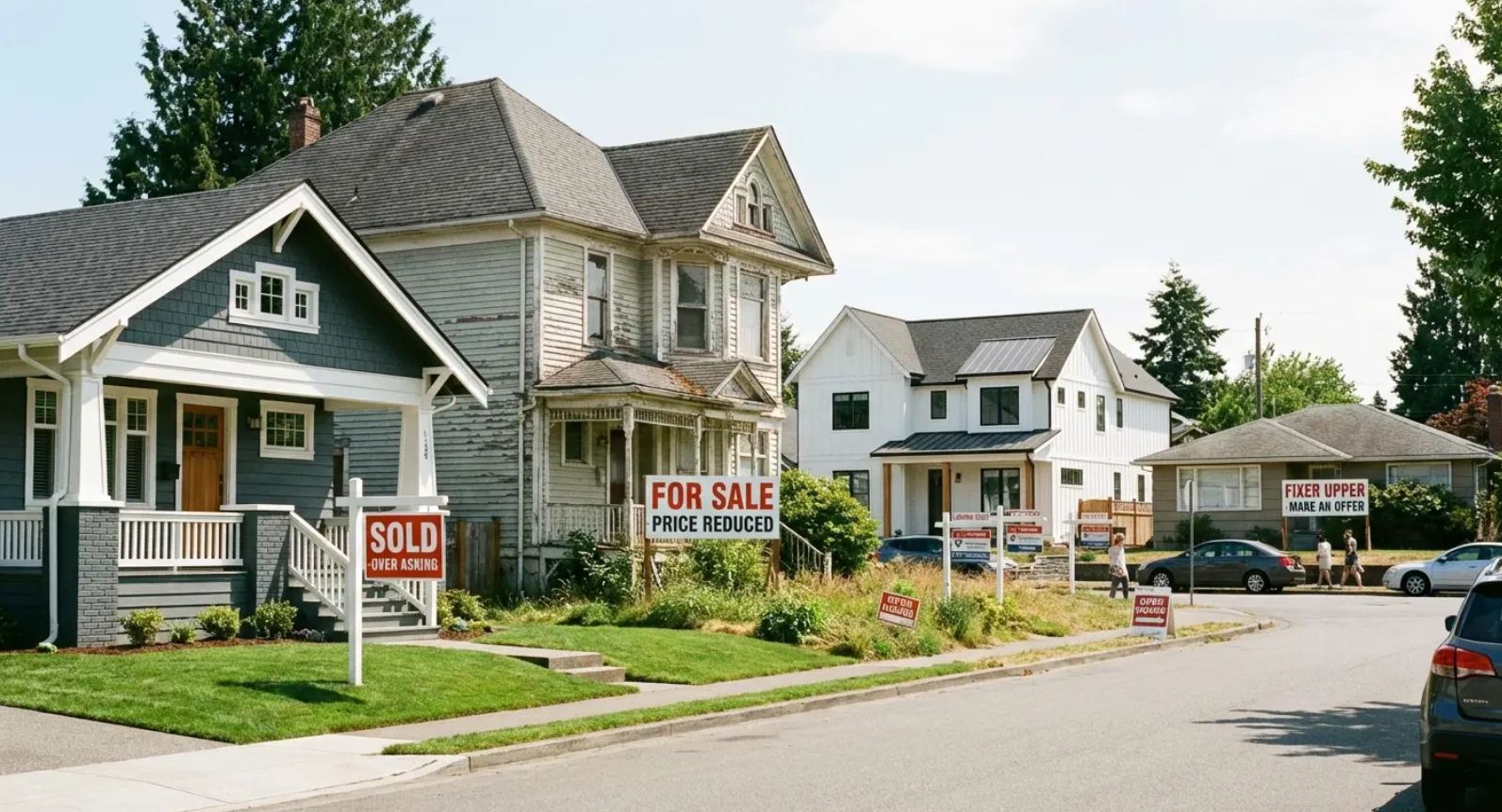 Two houses with real estate signs on a quiet suburban street, one marked sold and another for sale