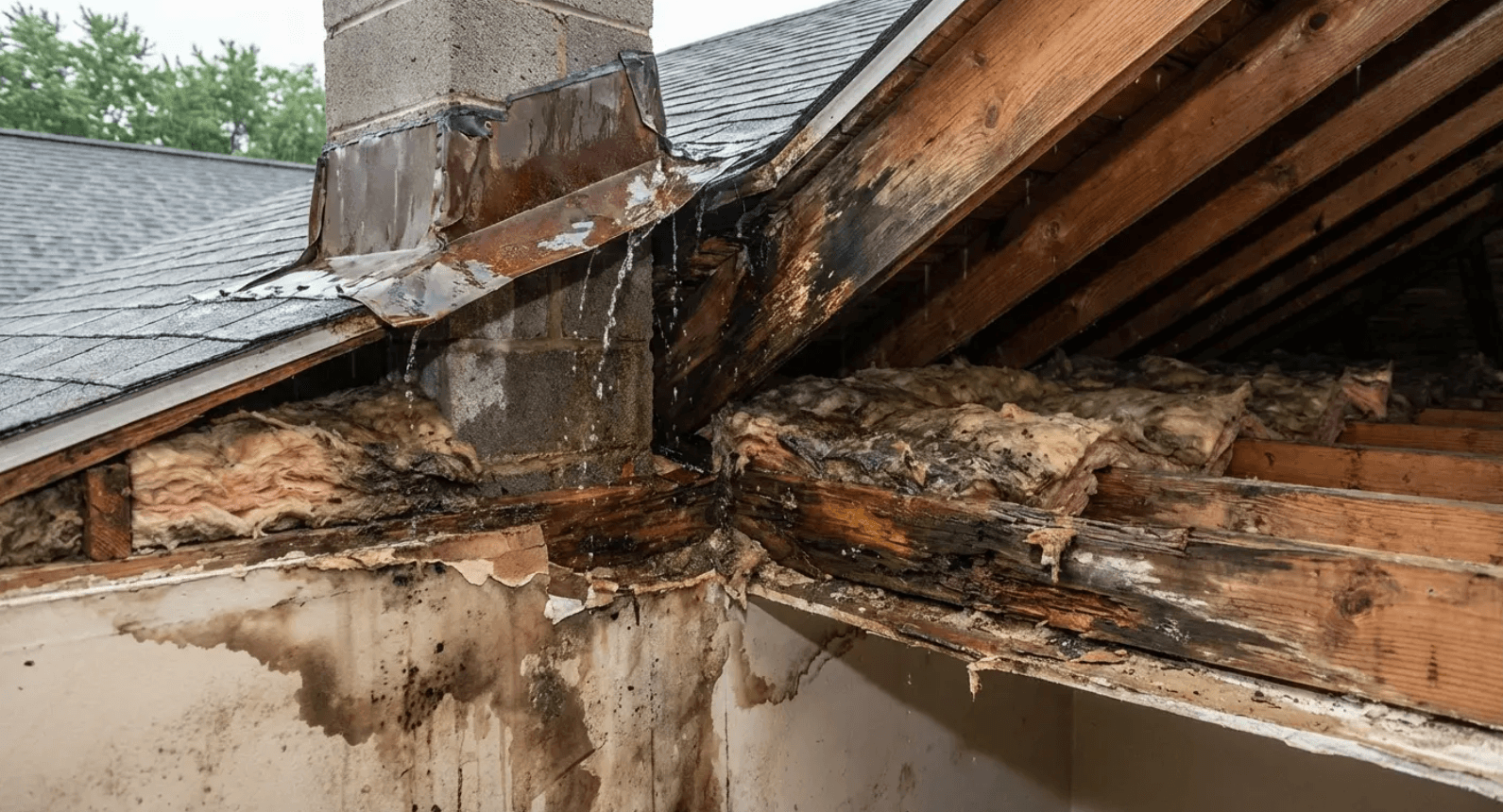 Water damage and rotted wood from failed chimney flashing