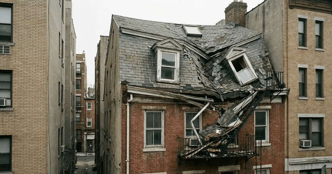 Damaged residential structure showing failure risks associated with complex roof geometries and poor load handling