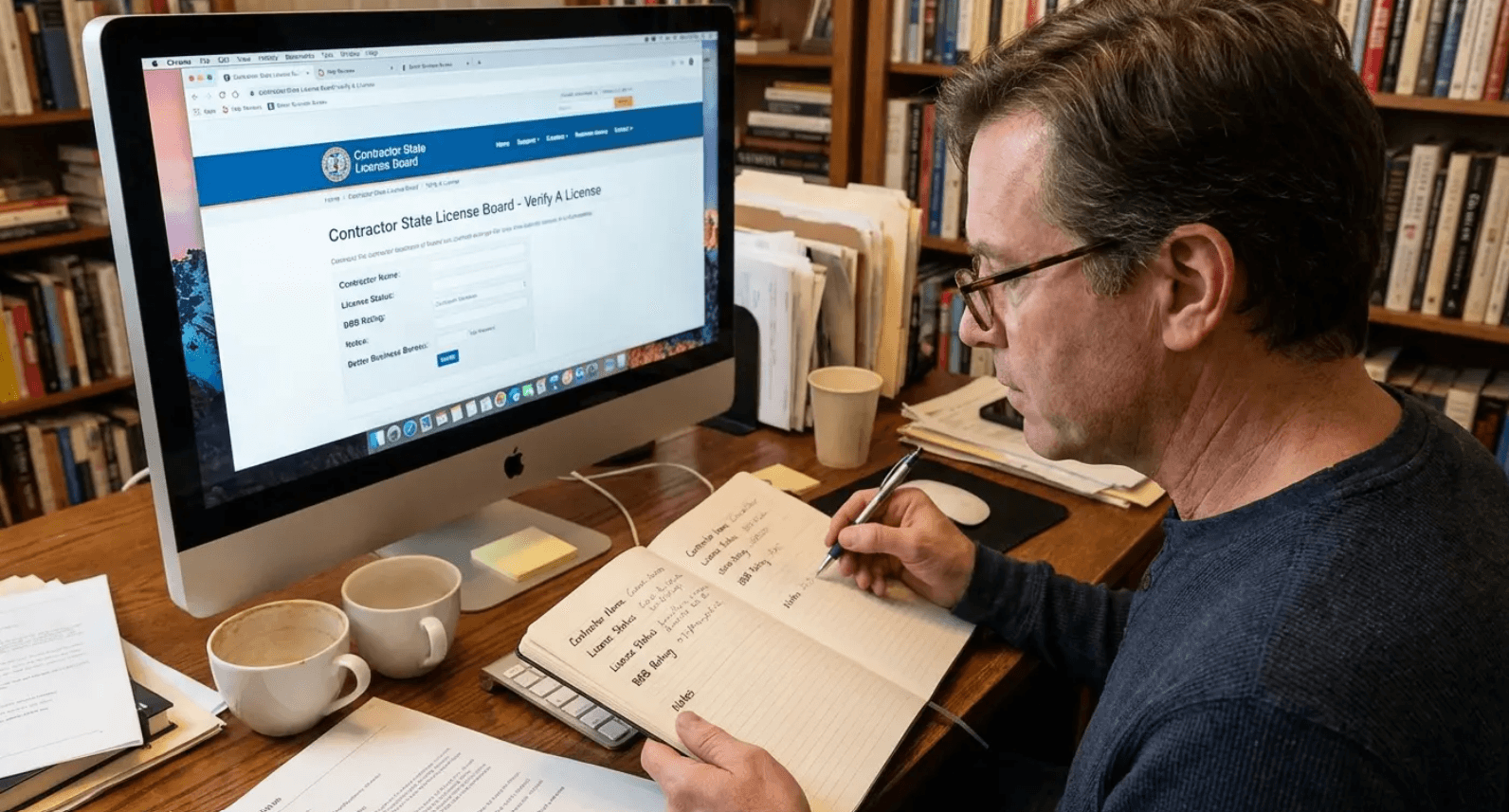 Man writing notes beside a desktop computer showing a web page in a home office