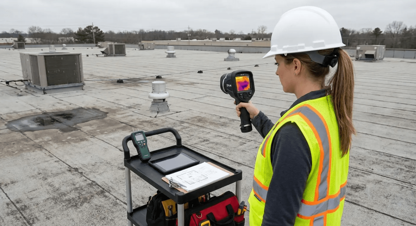 Inspector using thermal camera to detect moisture damage affecting how long flat roofs last