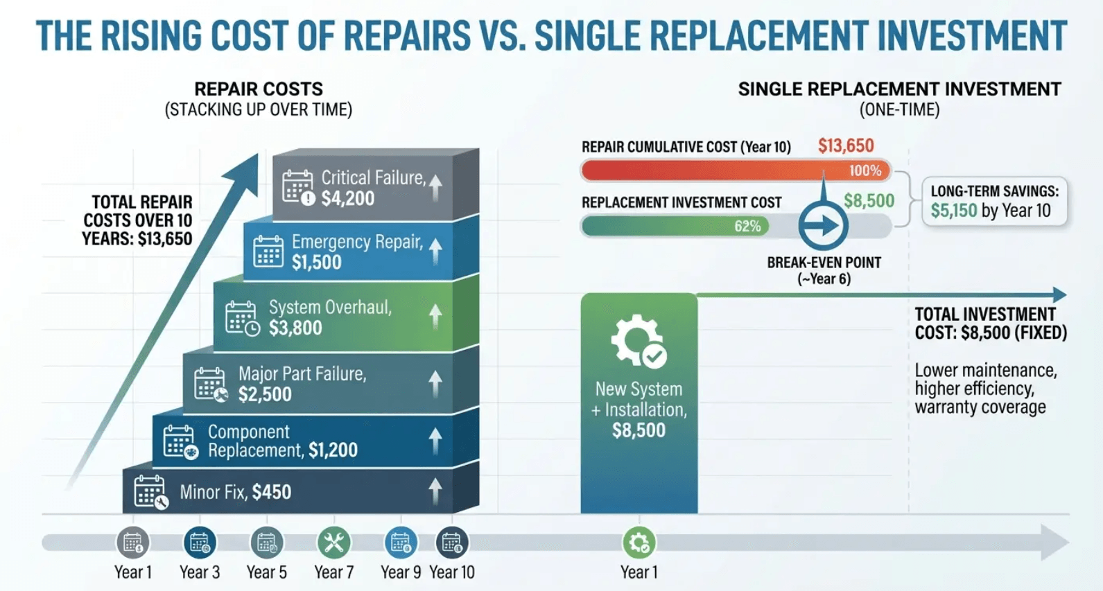 Infographic comparing rising repair costs to a single replacement investment over time, with bars and arrows.