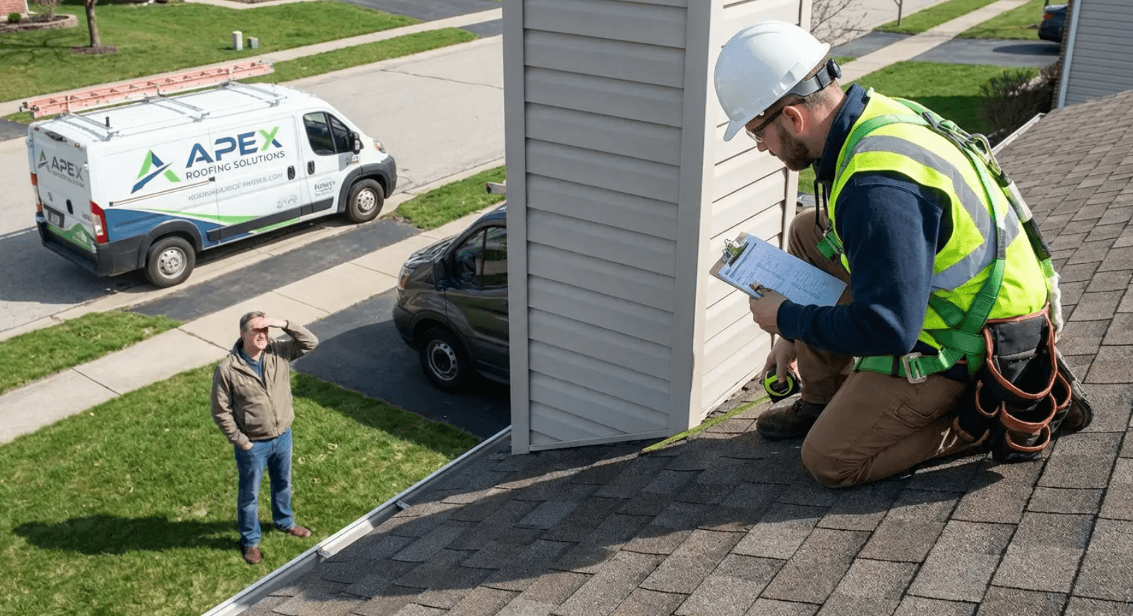 Worker in hard hat inspecting roof shingles with clipboard while another person stands below near a house.