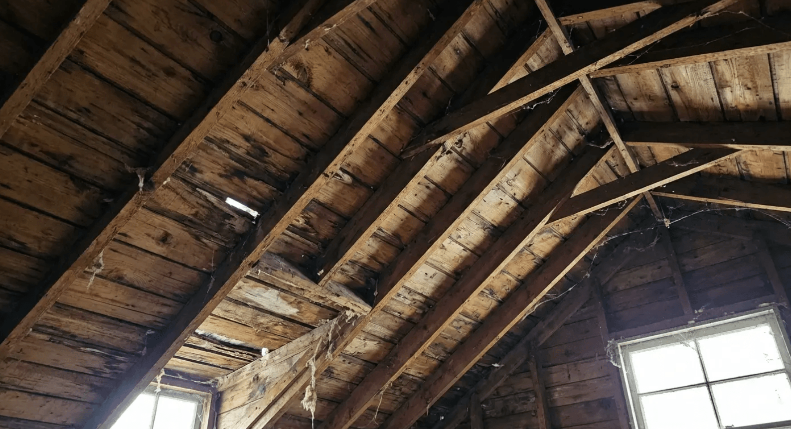 Interior of a rustic wooden attic with exposed beams and a small window letting in light
