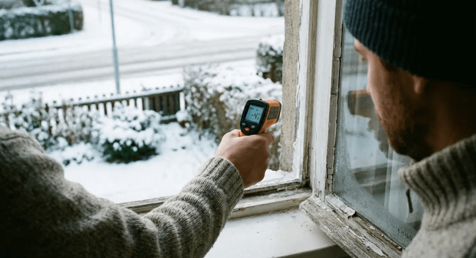 Person holding a phone by a snowy window, looking outside at a winter scene
