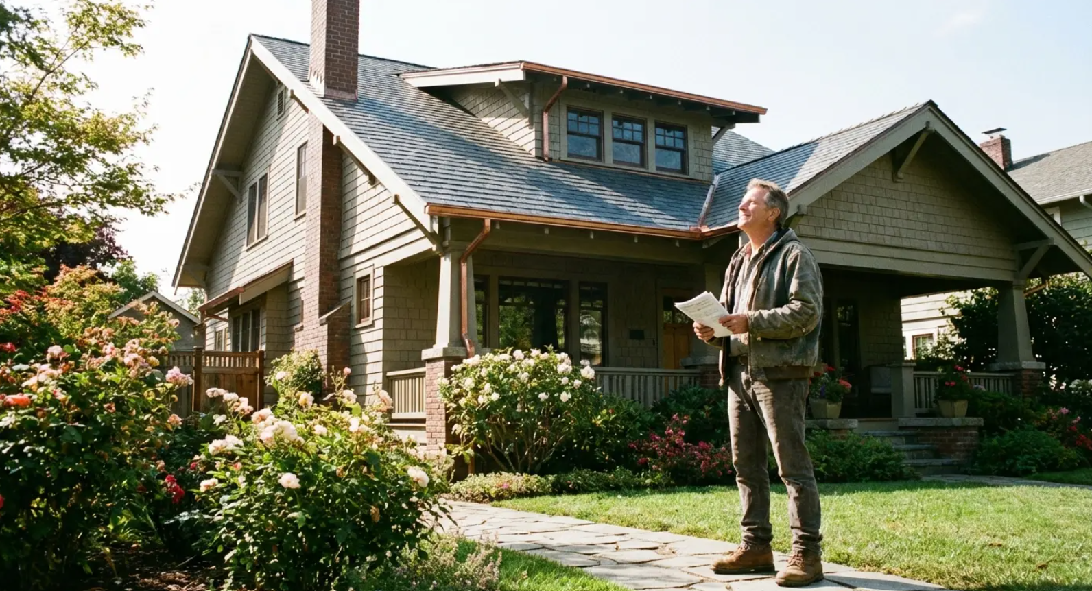 Person standing in front of a house, holding a camera or device in a sunlit garden.