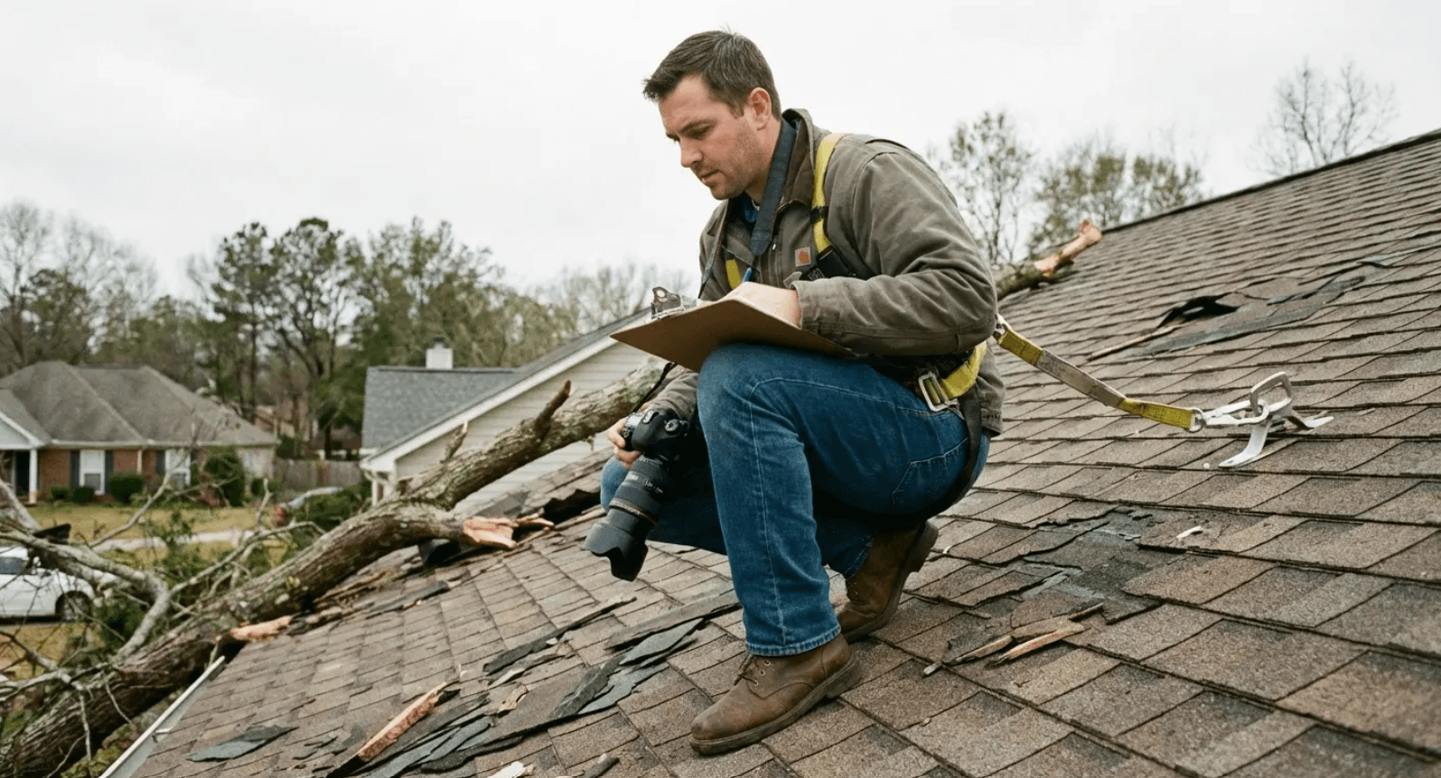 Worker kneels on a damaged roof, inspecting storm debris with a tool in hand.