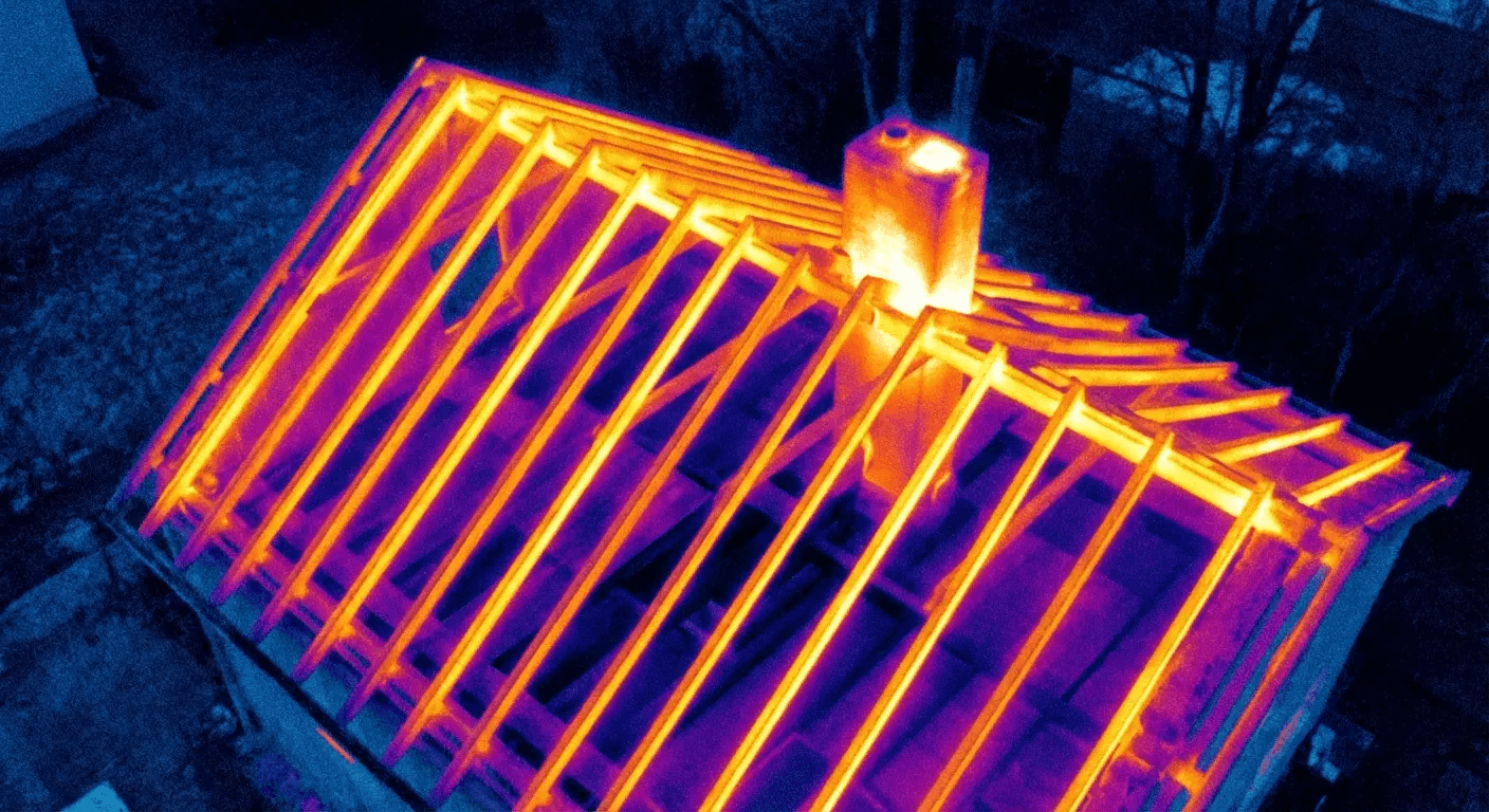 Thermal view of a roof with glowing orange rafters and a chimney against a dark background