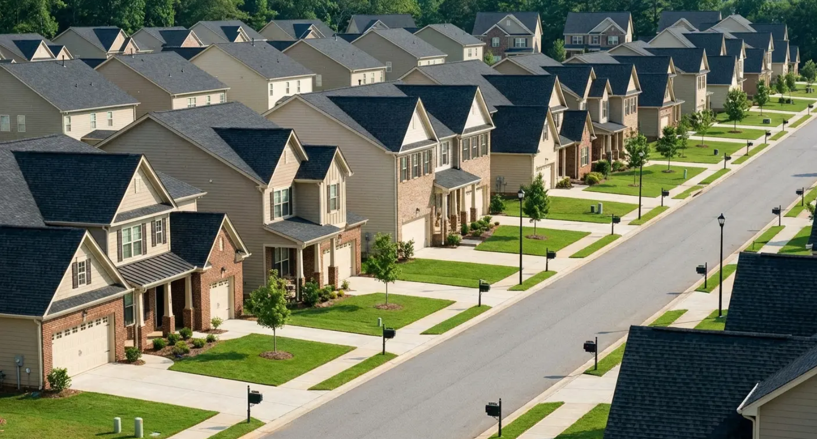 Aerial view of a suburban neighborhood with rows of modern houses, driveways, and green lawns along a quiet street