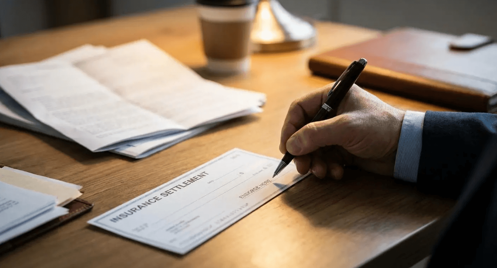 Hand writing on a document at a wooden desk with papers and a pen nearby
