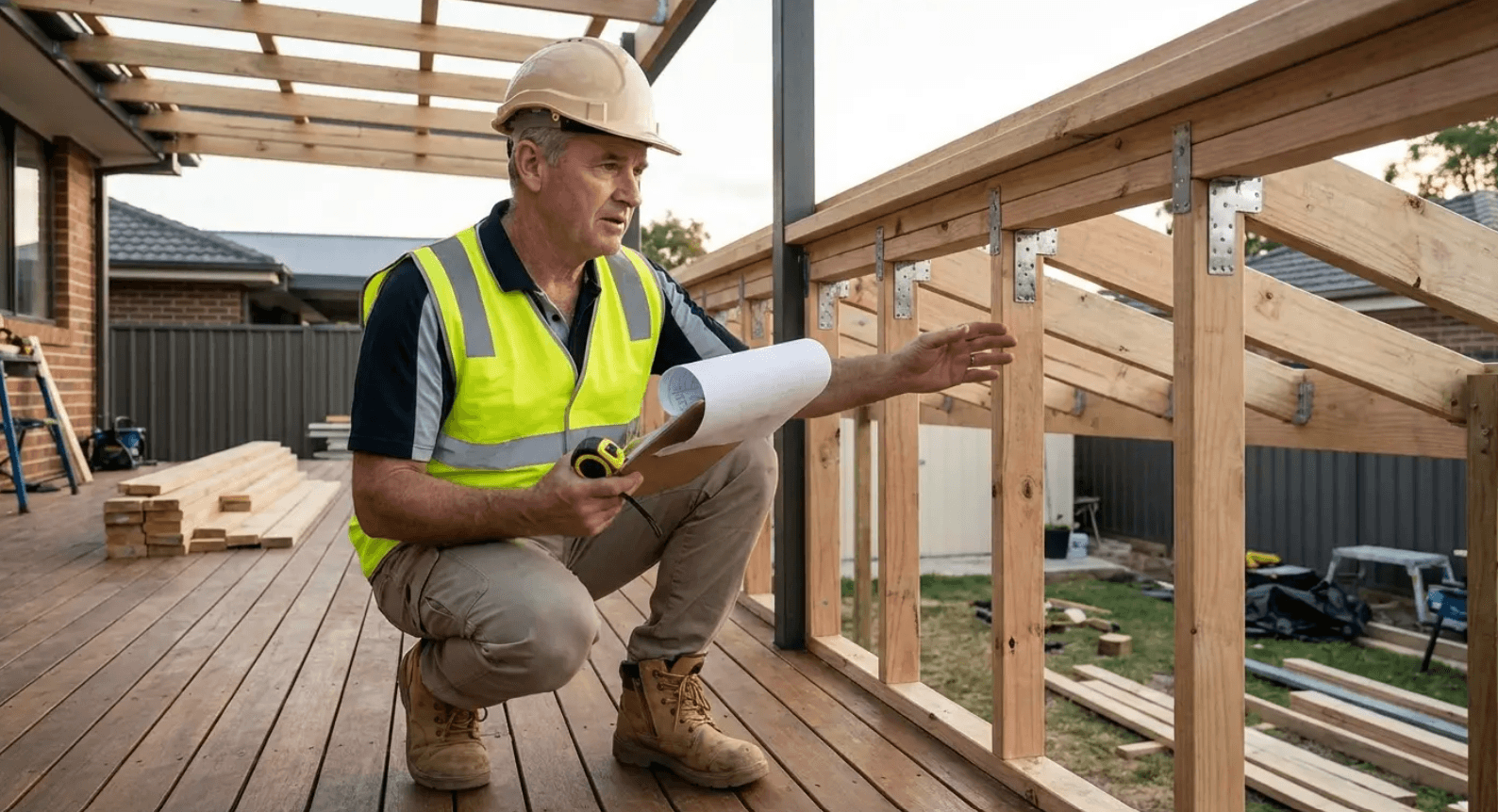Contractor reviewing structural plans during a patio roof build, representing the permit requirements most patio roof ideas skip over