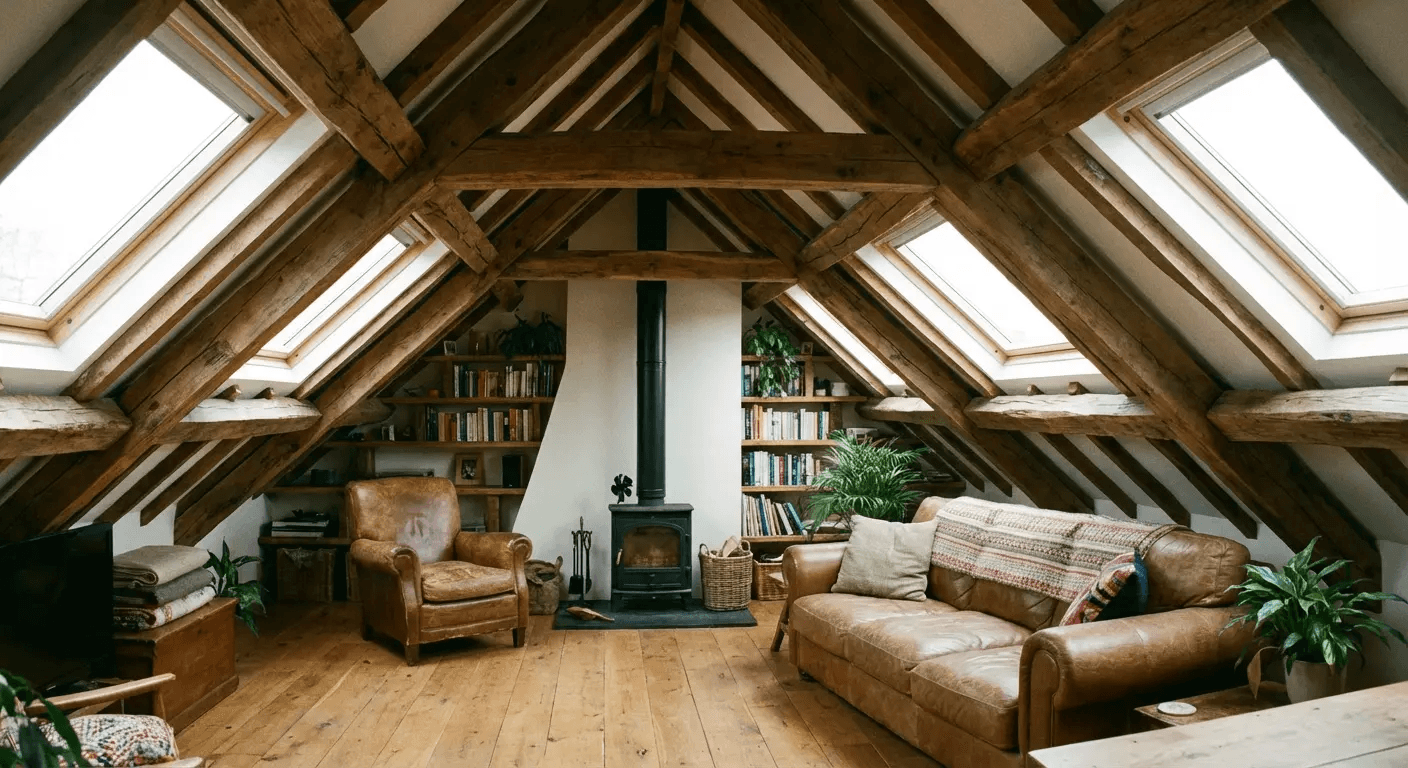 Attic space with exposed gable framing