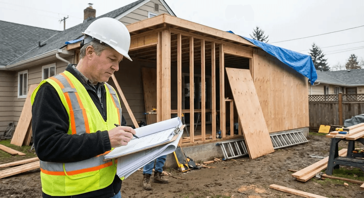 Construction worker in hard hat and safety vest reviewing plans beside a house addition under construction