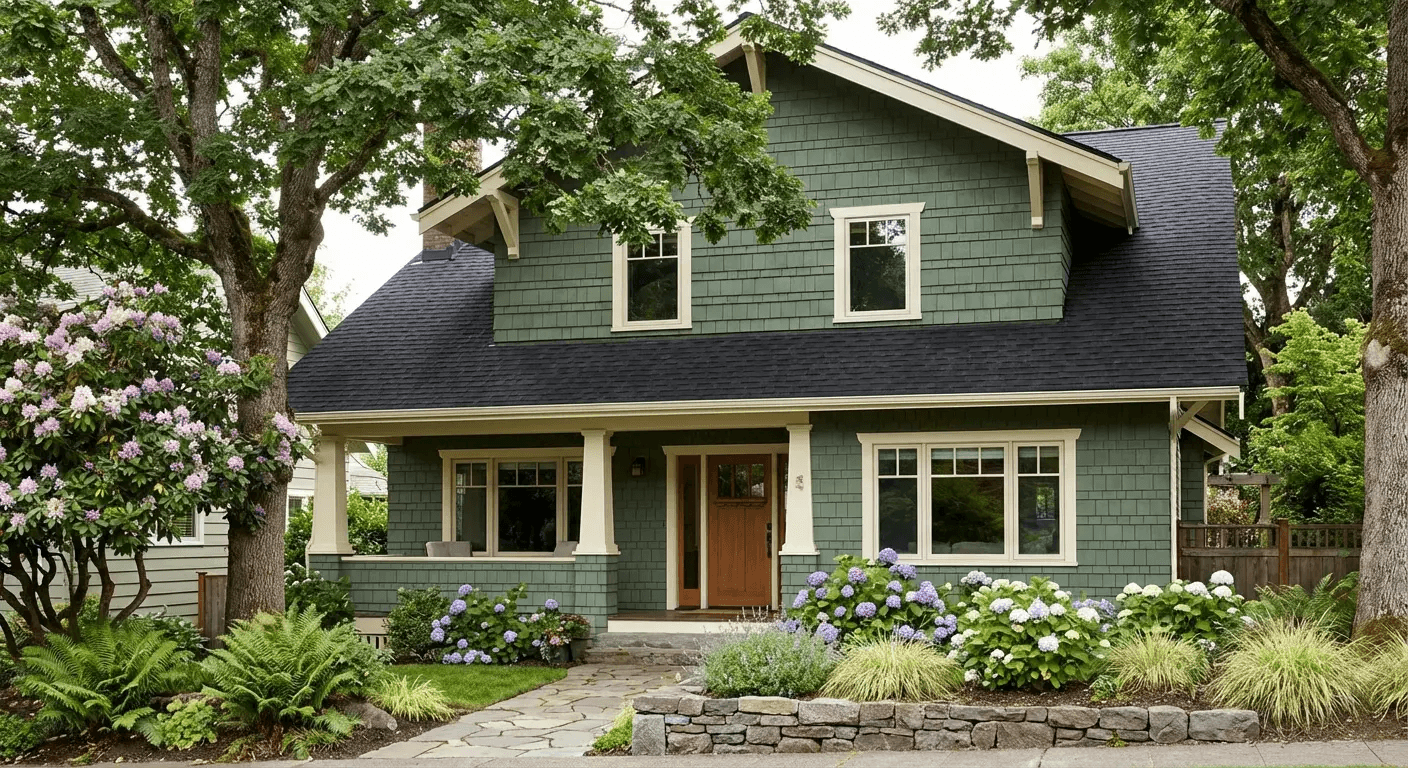 Sage green house with black roof