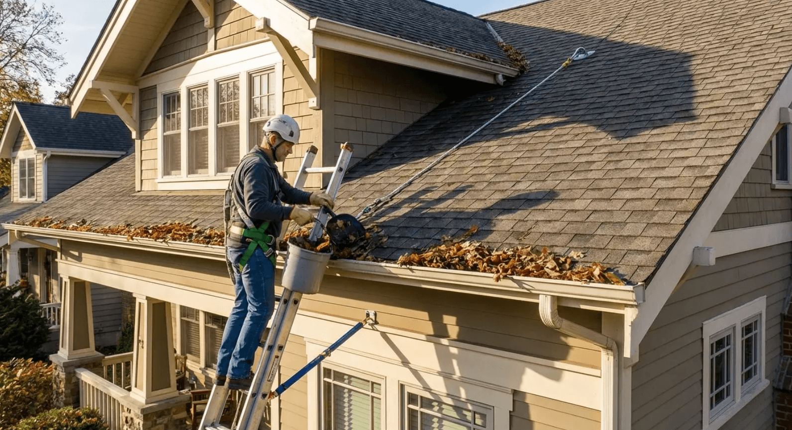 Worker on a ladder repairs roof shingles on a beige house.