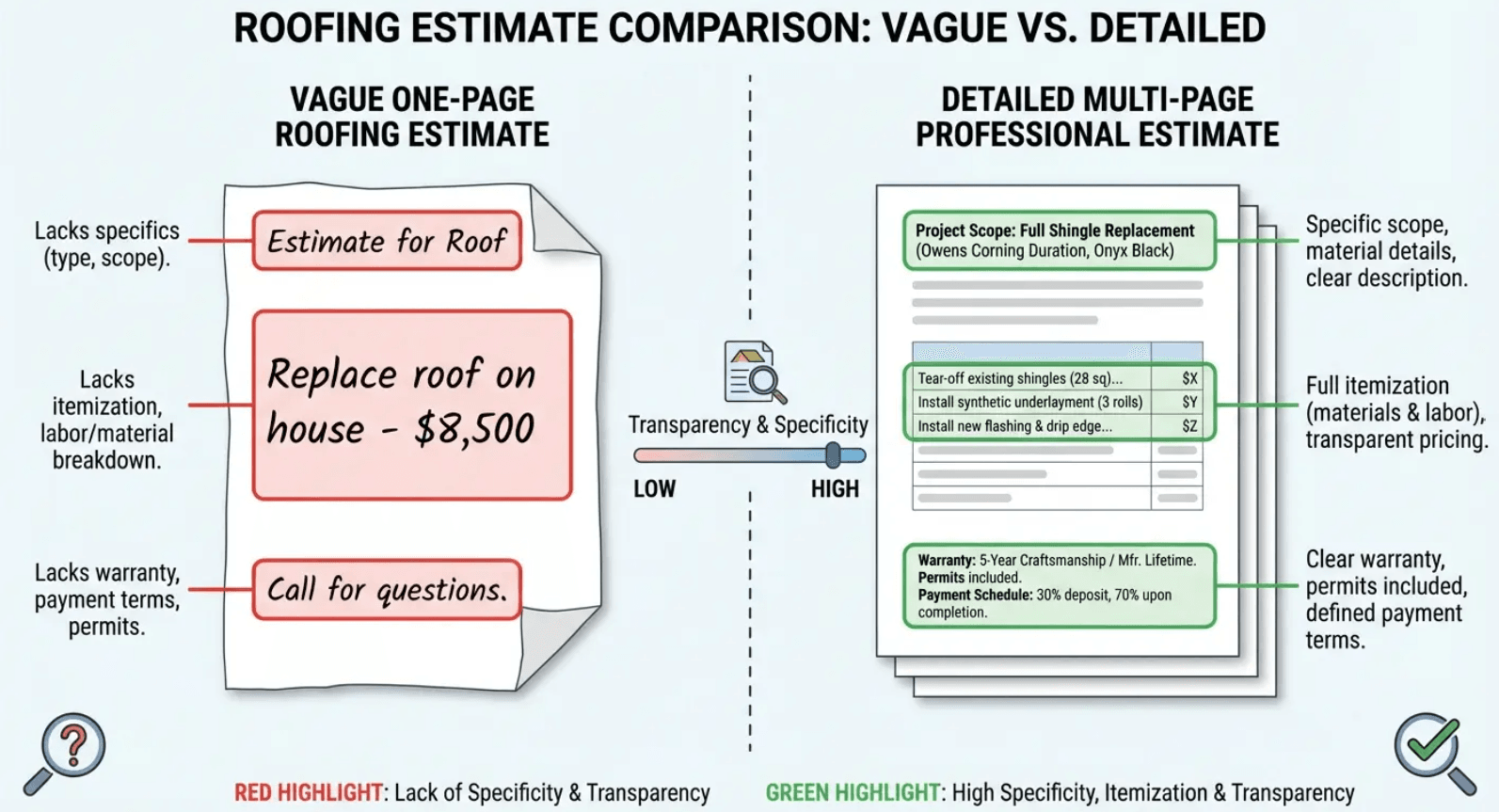 Comparison infographic of vague vs detailed roofing estimates from a professional roofer