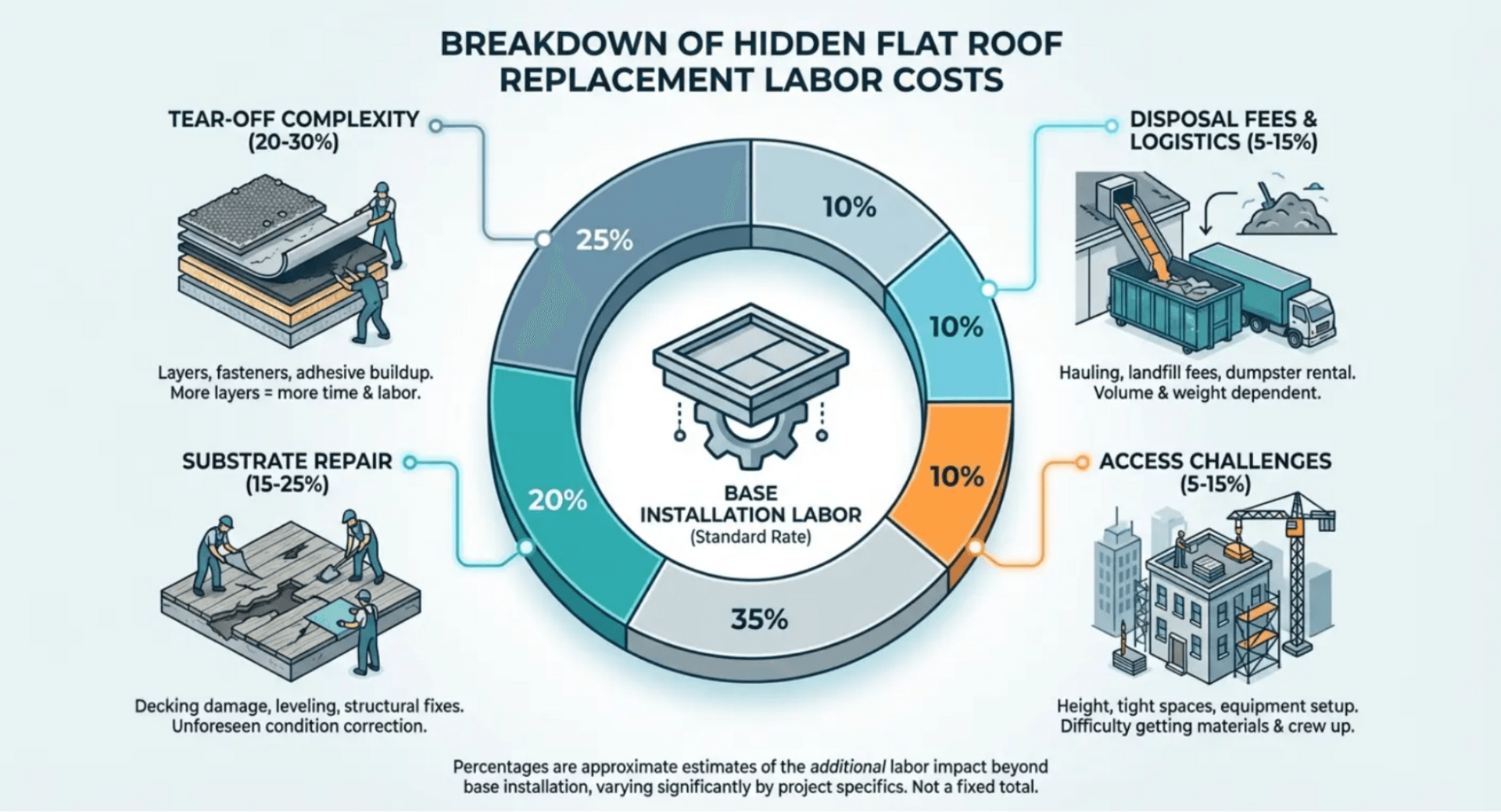 Infographic showing hidden labor factors that impact total flat roof replacement cost including tear-off and substrate repair
