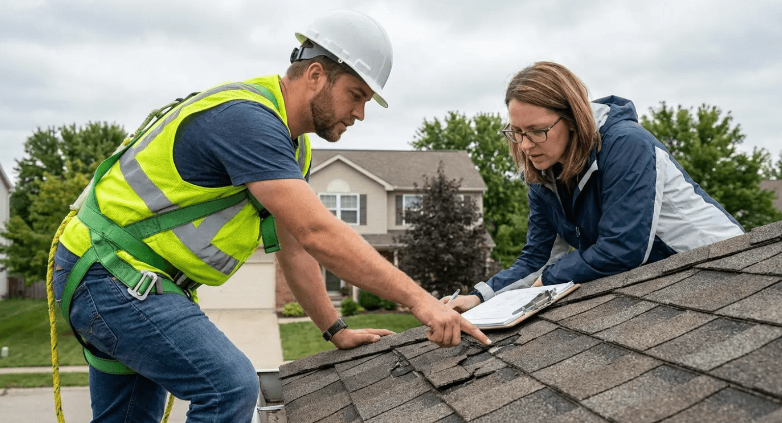 Two workers inspecting a shingled roof, one pointing while the other takes notes.