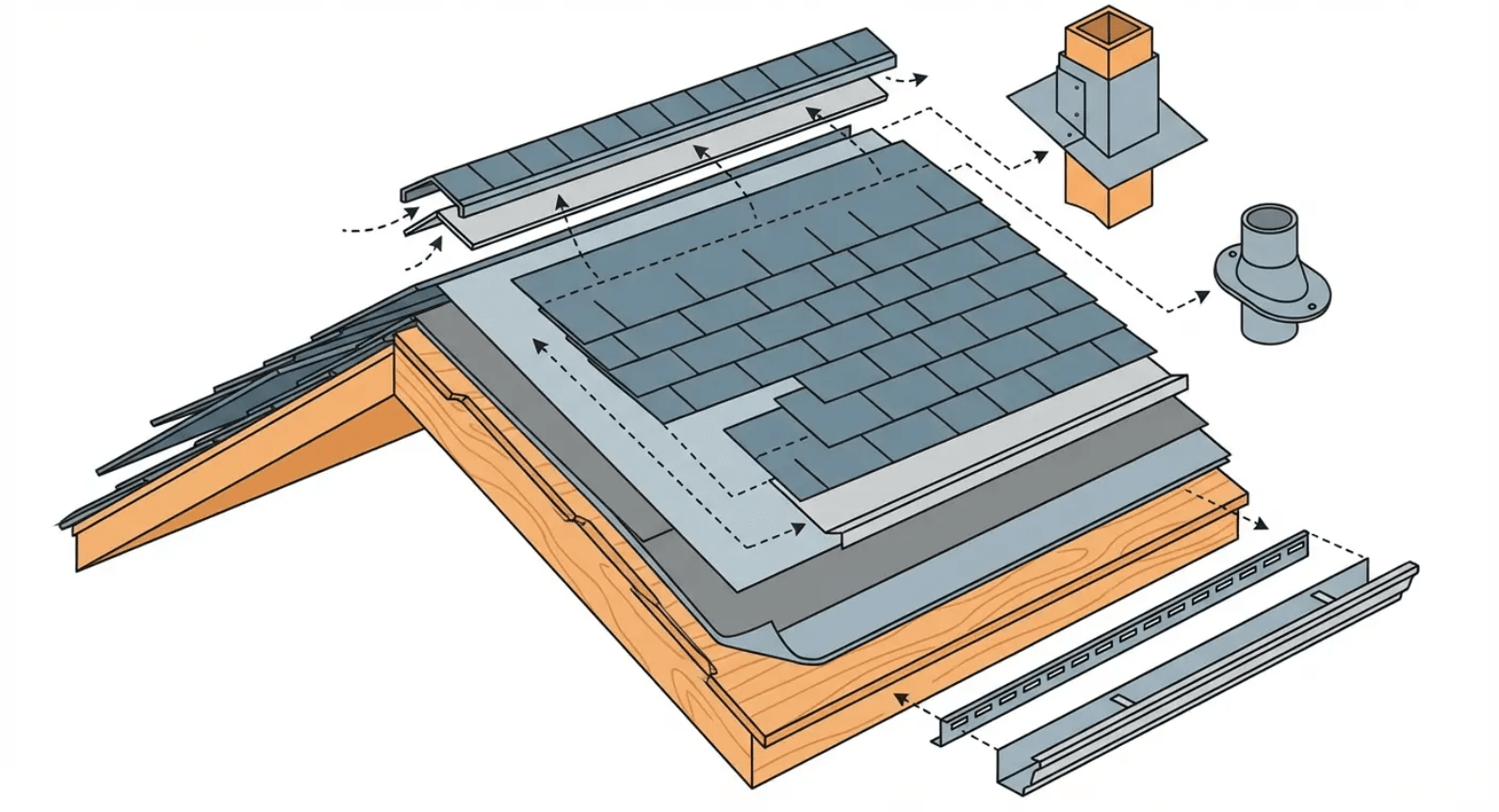 Roof system diagram showing shingles, underlayment, flashing, and decking working together as a complete roofing system.