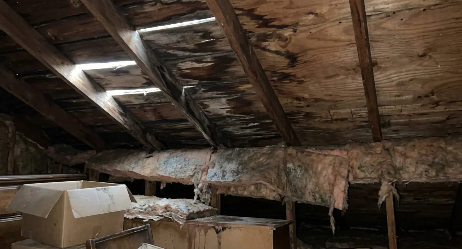 Damaged attic with exposed wooden beams, holes in the roof, and insulation hanging down.
