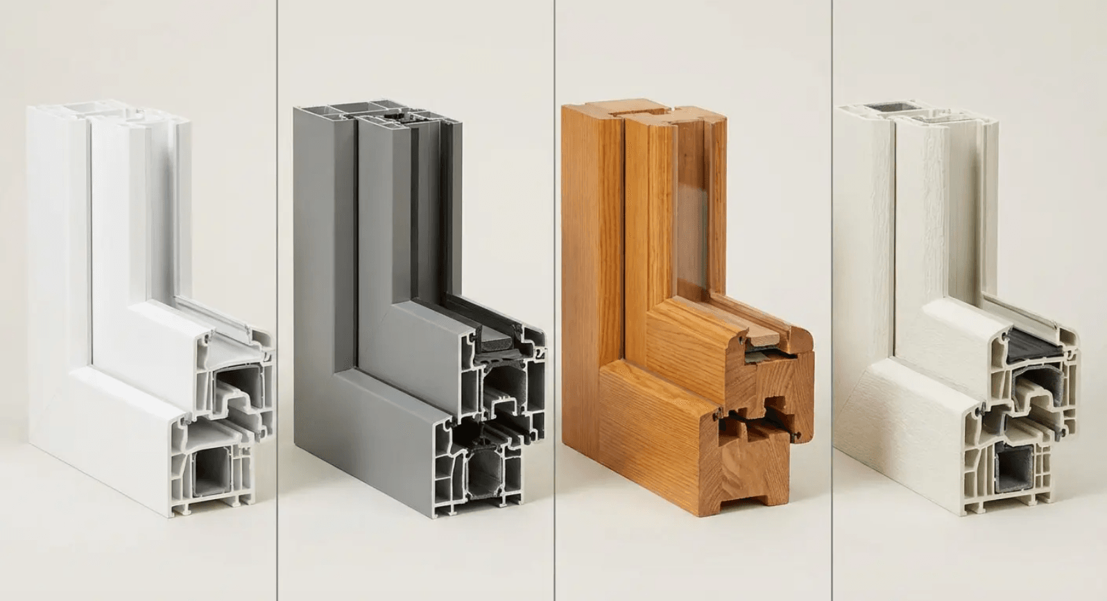 Four cross-sections of window frame profiles in white, gray, wood, and beige finishes.