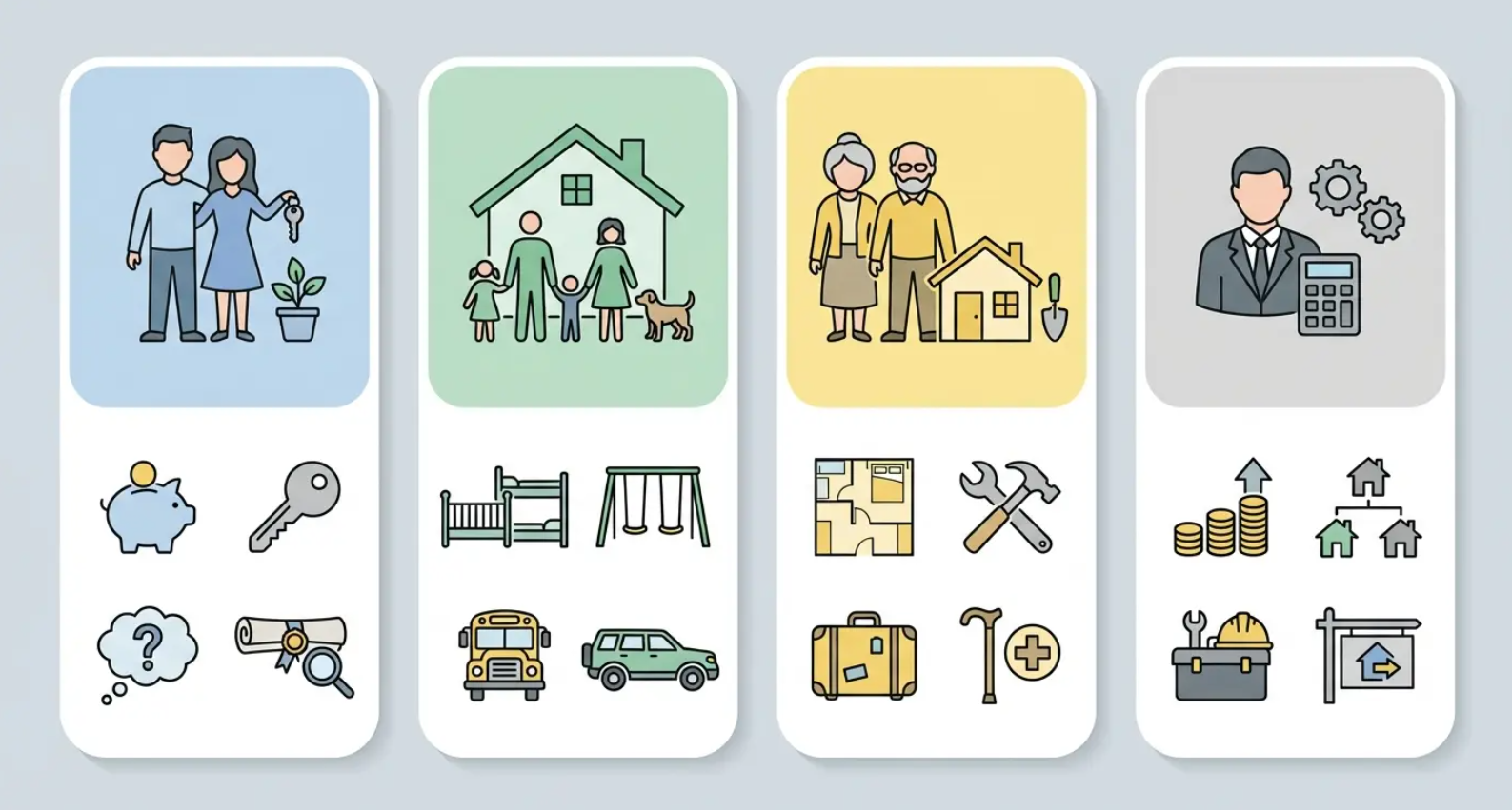 Four illustrated cards showing home, community, office and moving/living services icons.