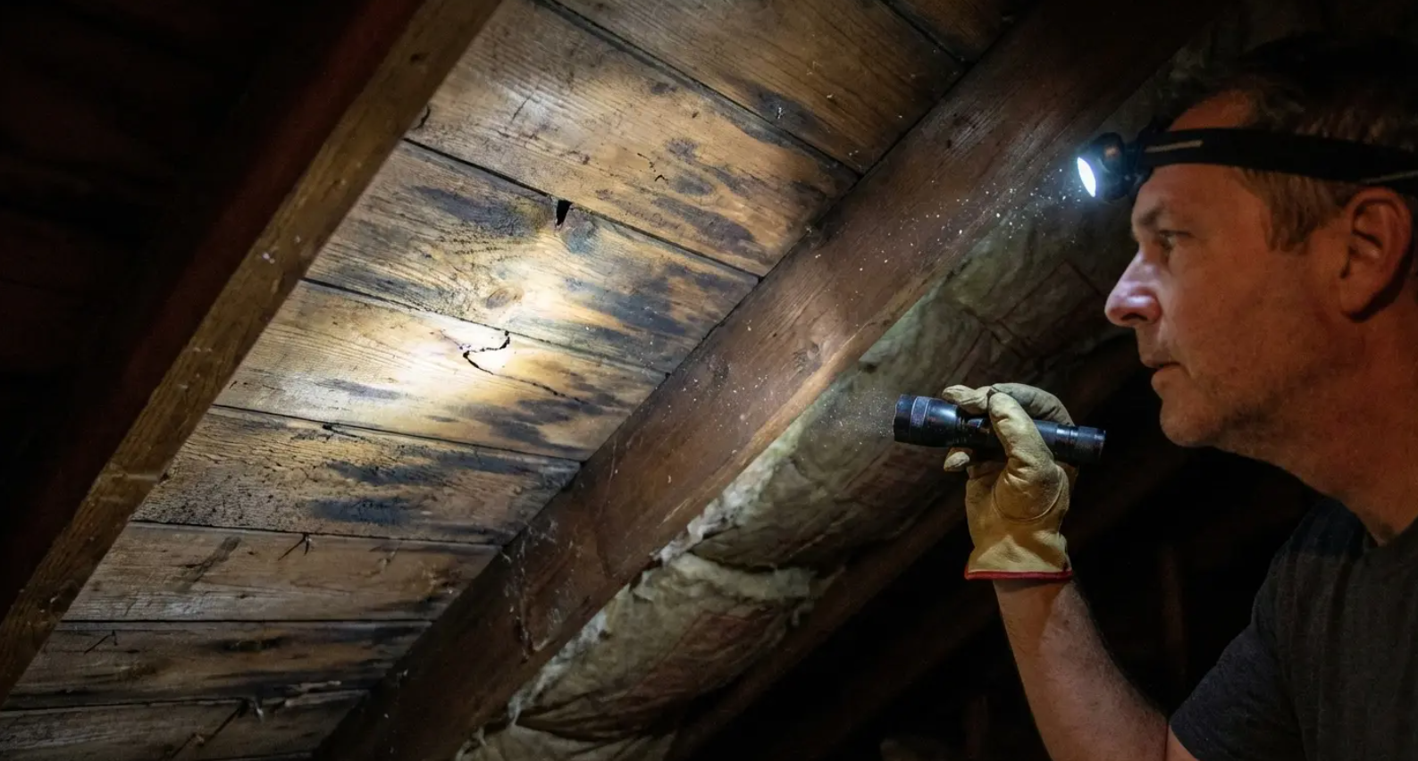Man inspecting wooden attic beams with a flashlight, wearing gloves and a headlamp