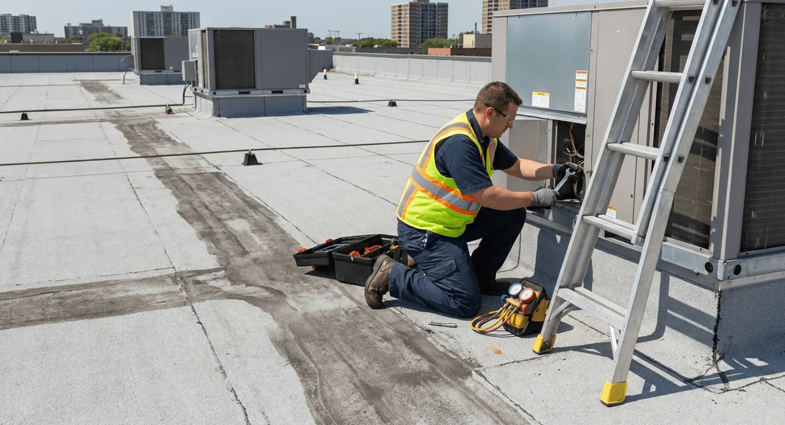 Worker in a yellow safety vest kneels on a rooftop, repairing equipment beside a ladder.