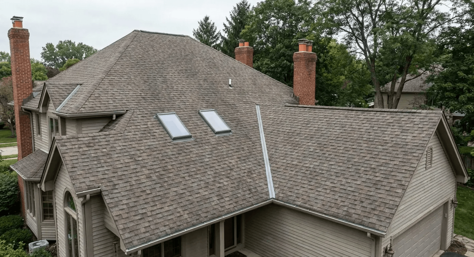 Complex roof with skylights, chimneys, and valleys often missed in an instant roof quote.