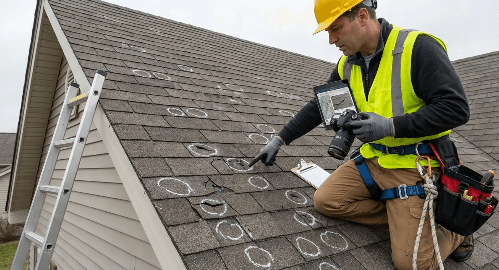 Worker in safety vest and hard hat repairing roof shingles with a drill.