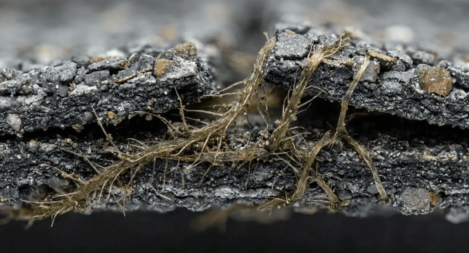 Close-up of cracked black bark with tan roots or fibers threading through the split surface