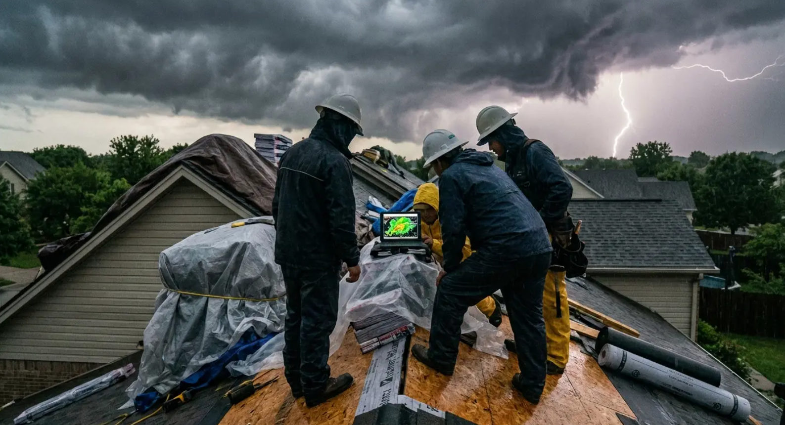Workers on a roof under storm clouds, repairing damage as lightning flashes in the background.