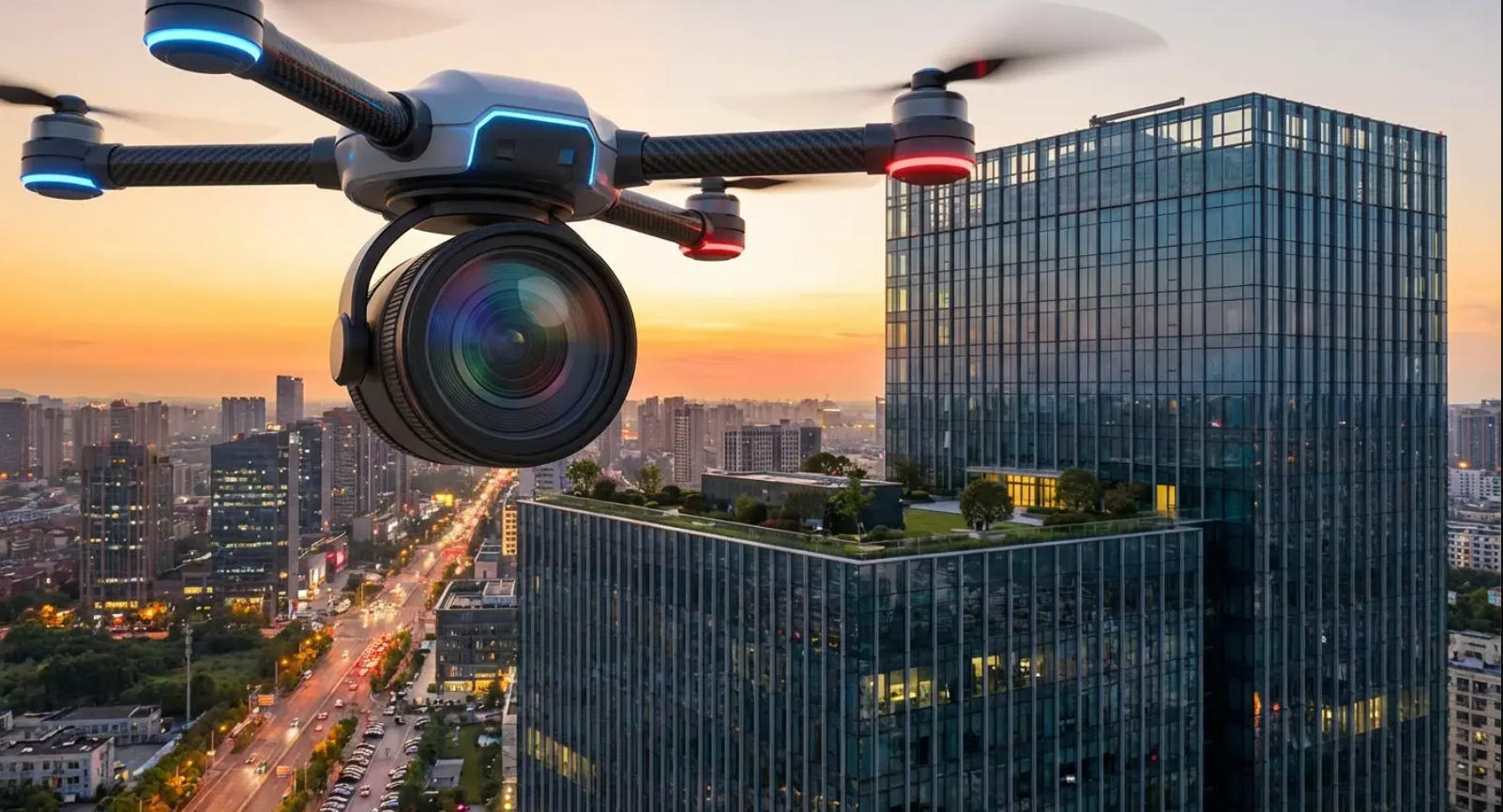 Drone with camera filming a cityscape at sunset. Modern buildings and city lights visible.
