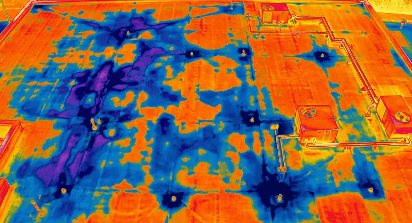 False-color aerial view of a city block with blue and orange heatmap-like patterns and roads