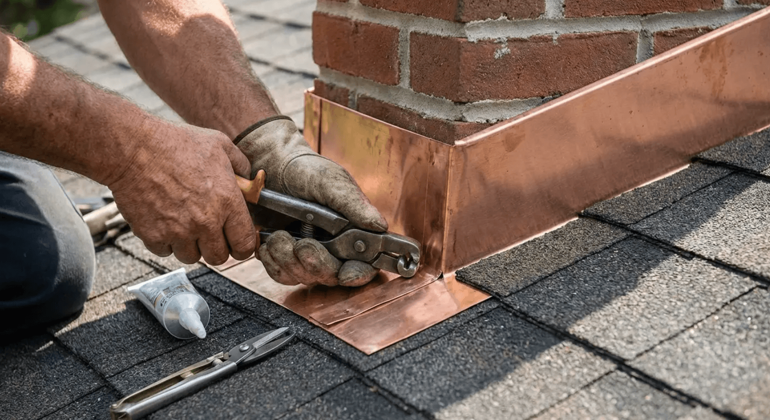 Roofer installing copper flashing around a chimney on asphalt shingles, illustrating proper roofing work pace and how long it takes to replace a roof.