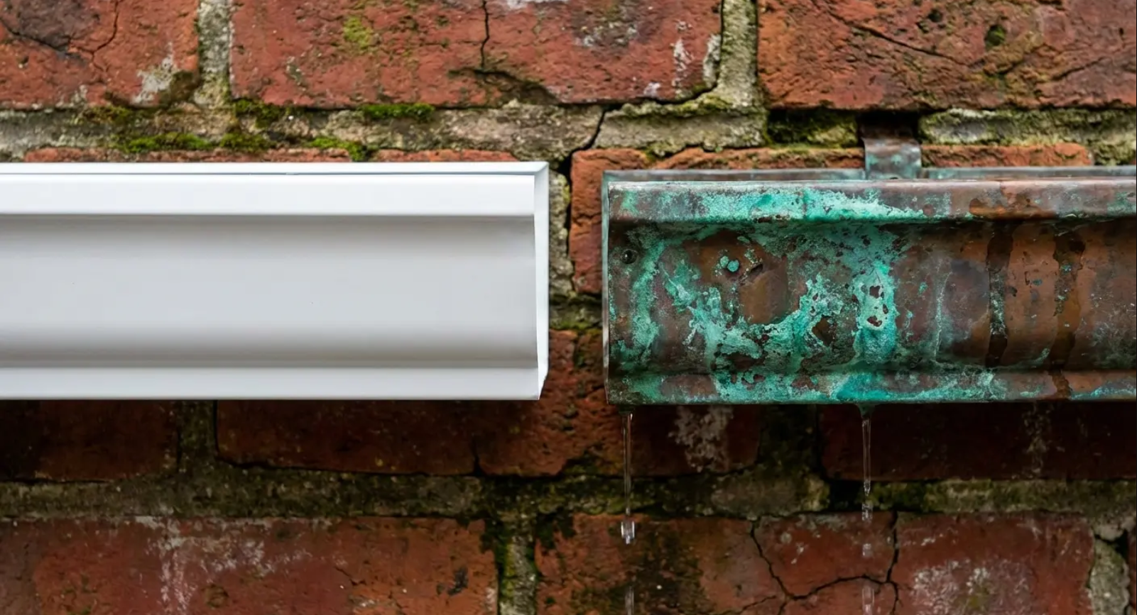 New aluminum gutter next to an old, rusted gutter showing the need for gutter replacement.