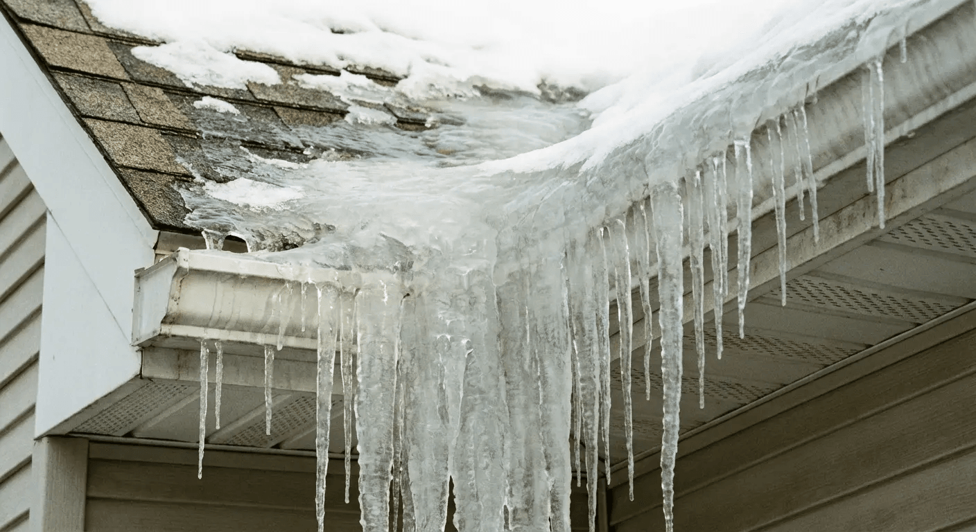 Icicles hanging from a snow-covered roof edge with thick ice buildup