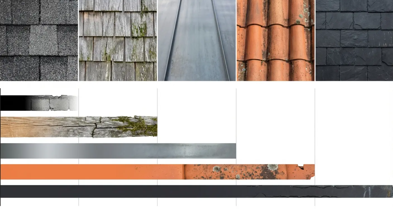 Roofing material samples showing shingles, metal panels, and terracotta tiles in gray, silver, and orange.
